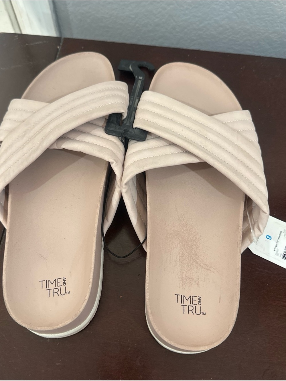 Time and Tru Cream Quilted Crossover Slide Sandals